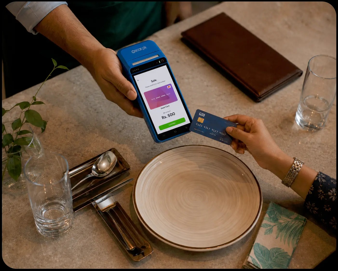 Your restaurant. One device. Zero cost. illustration